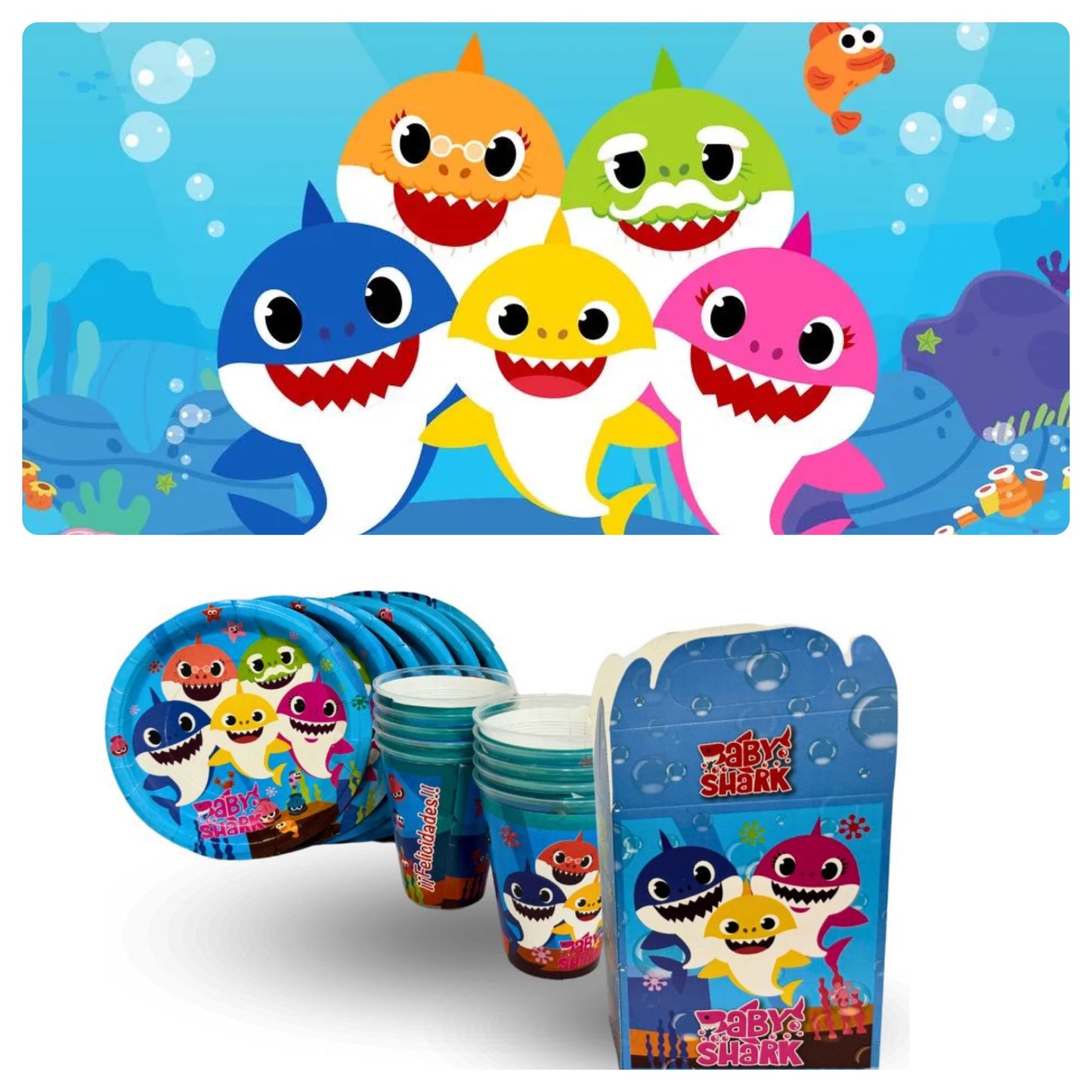 40 Guests Invitados Party Kit. Vasos, Platos y Dulceros. Tiburones
