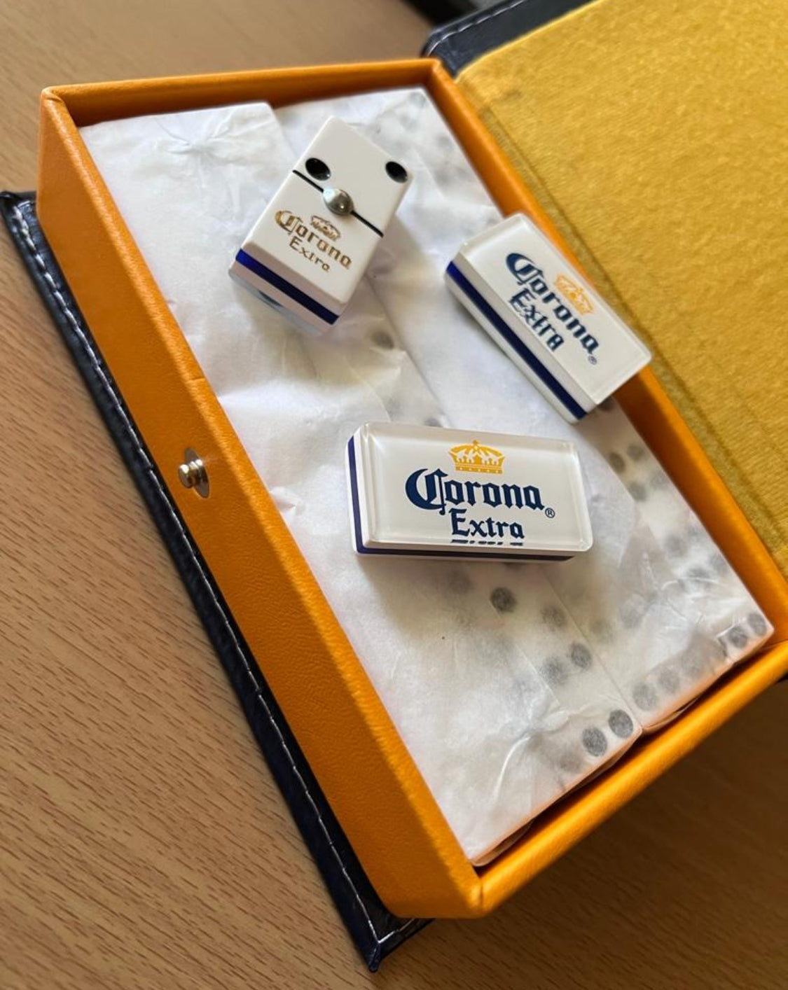 Dominoes Set Cerveza Corona in Blue Faux Leather Box Domino