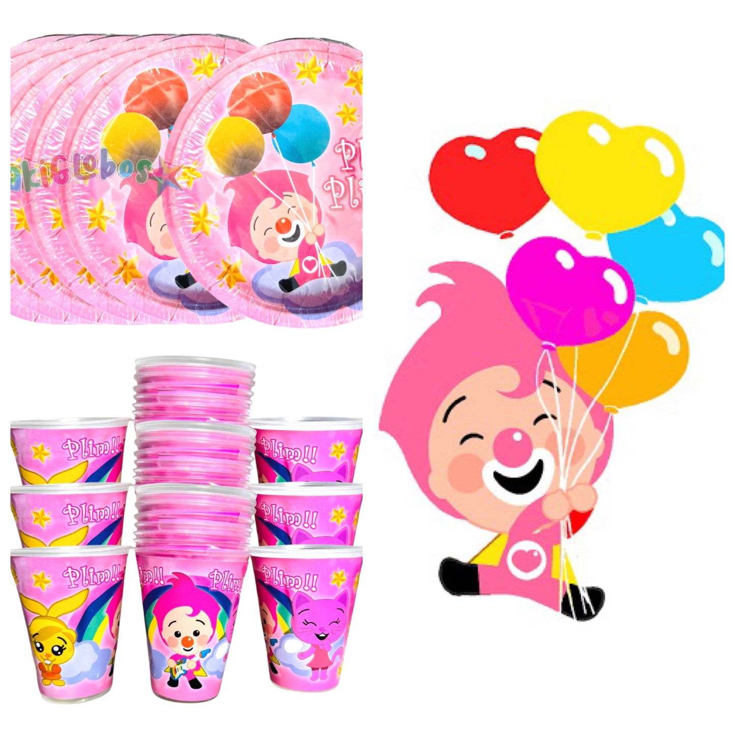 40 Guests Invitados Party Kit Vasos y Platos Payasito Rosa