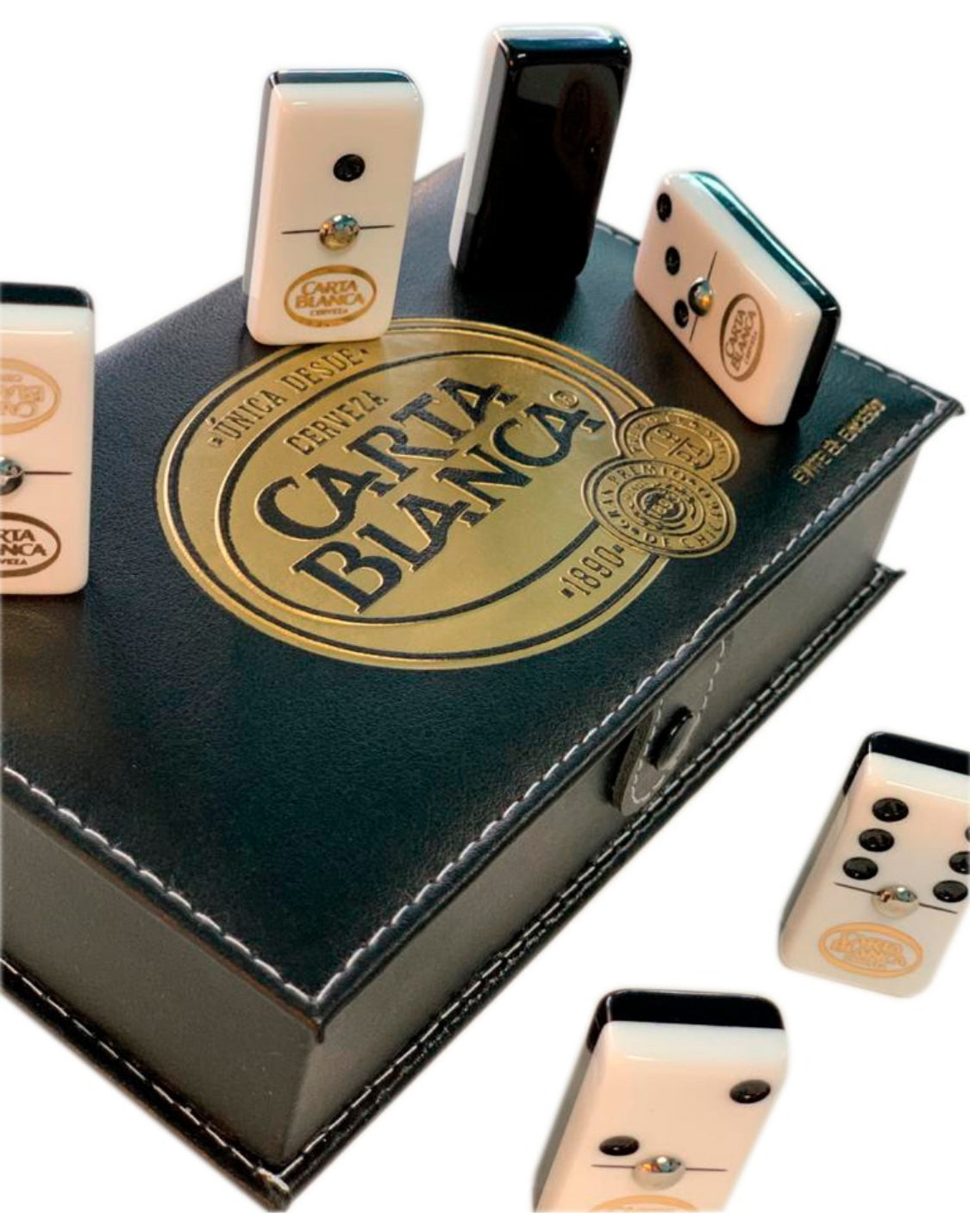 Dominoes Set Cerveza Tecate + Carta Blanca in Faux Leather Case Domino + Cubilete Dice Set