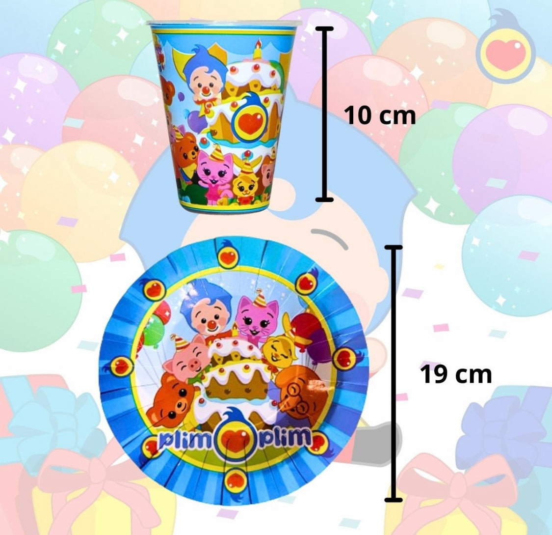 20 Guests Invitados Party Kit 80 Pcs. Vasos, Platos Dulceros y Broches Payasito