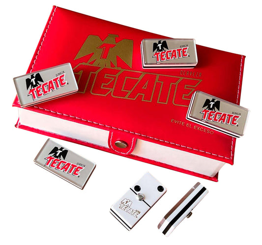 Dominoes Set Cerveza Tecate + Carta Blanca in Faux Leather Case Domino + Cubilete Dice Set
