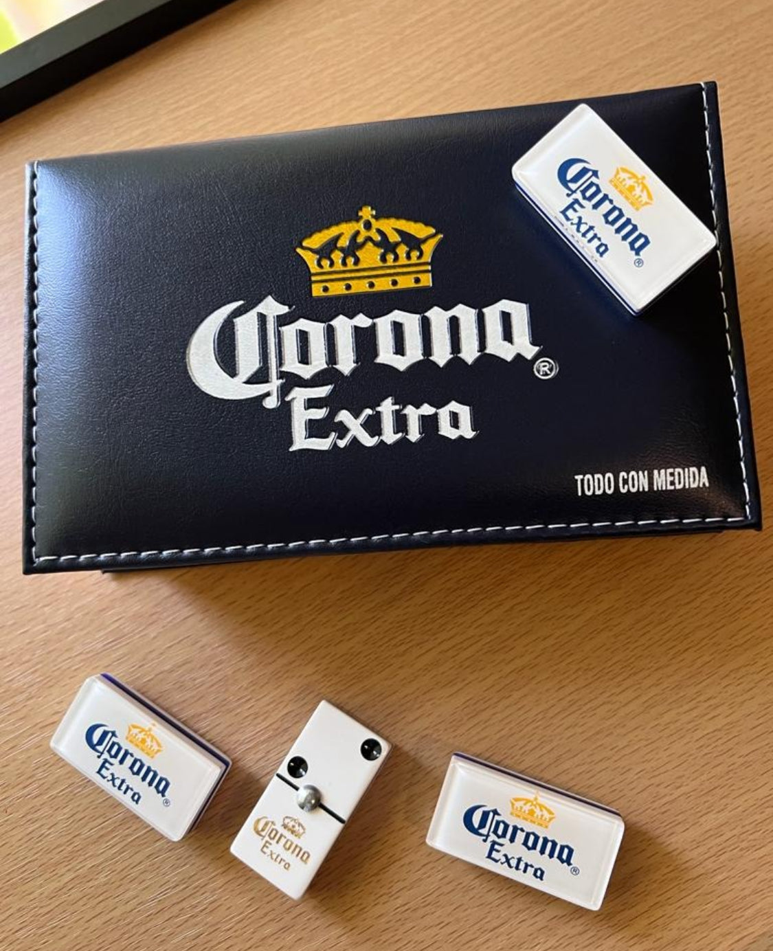Dominoes Set Cerveza Corona in Blue Faux Leather Box Domino