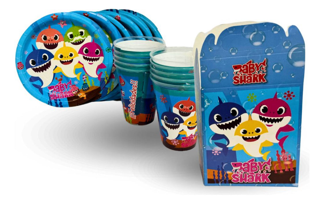 40 Guests Invitados Party Kit. Vasos, Platos y Dulceros. Tiburones