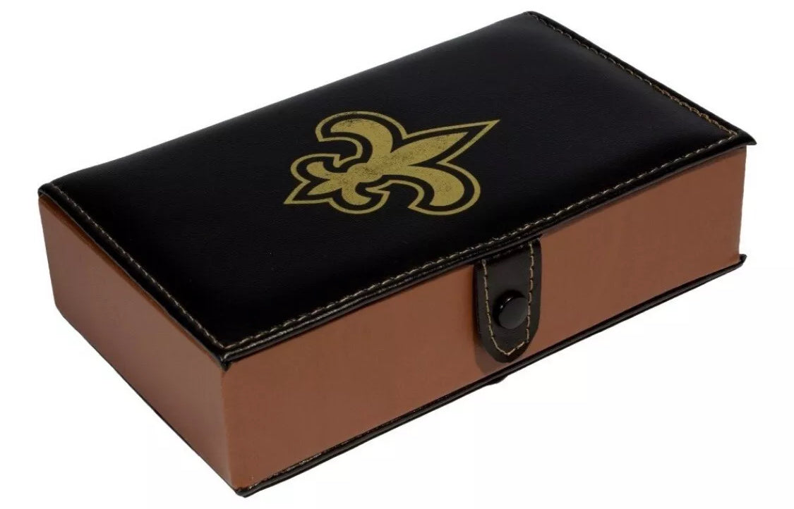Dominoes Set + Cubilete New Orleans Saints in Faux Leather Box. Dice Set