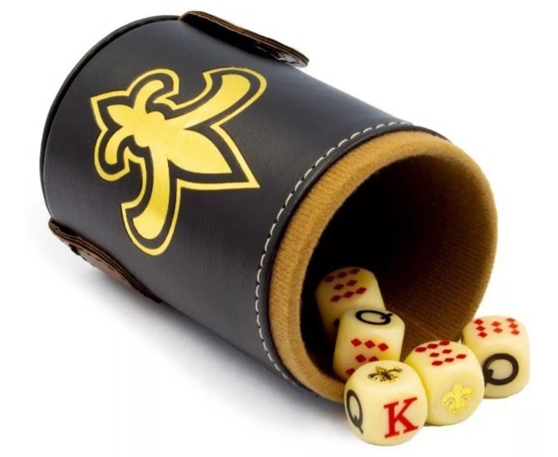 Dominoes Set + Cubilete New Orleans Saints in Faux Leather Box. Dice Set