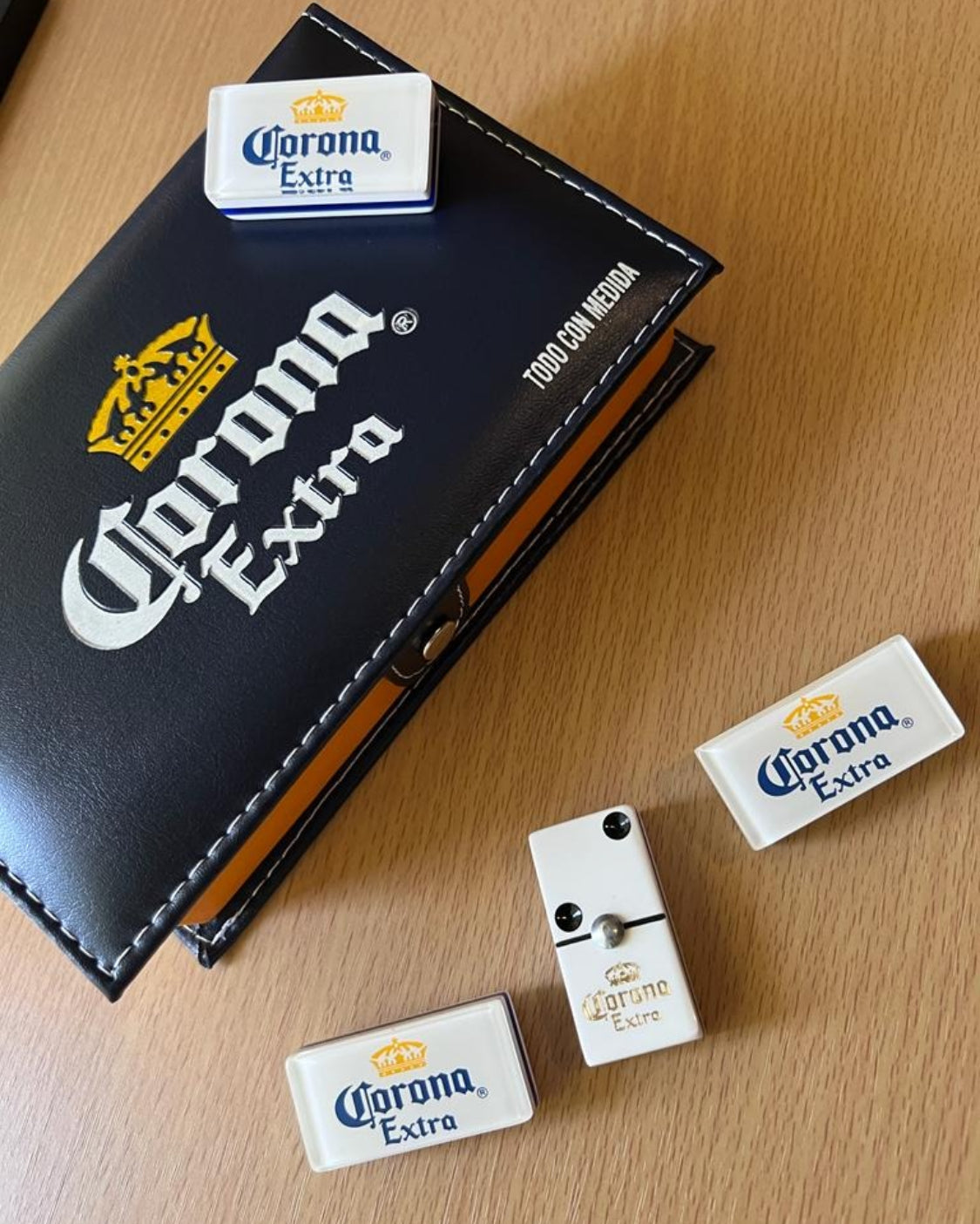 Dominoes Set Cerveza Corona in Blue Faux Leather Box Domino