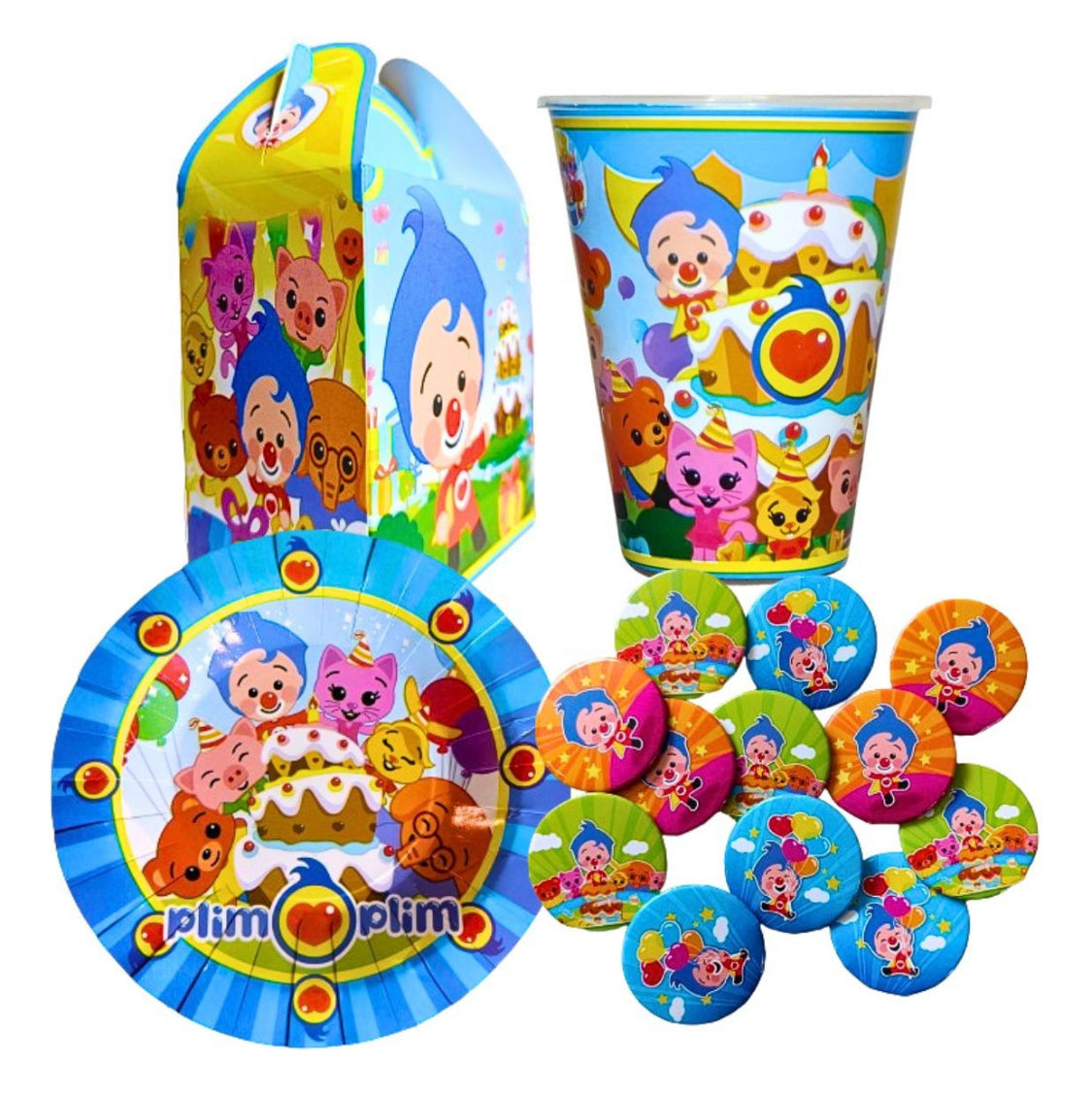 20 Guests Invitados Party Kit 80 Pcs. Vasos, Platos Dulceros y Broches Payasito