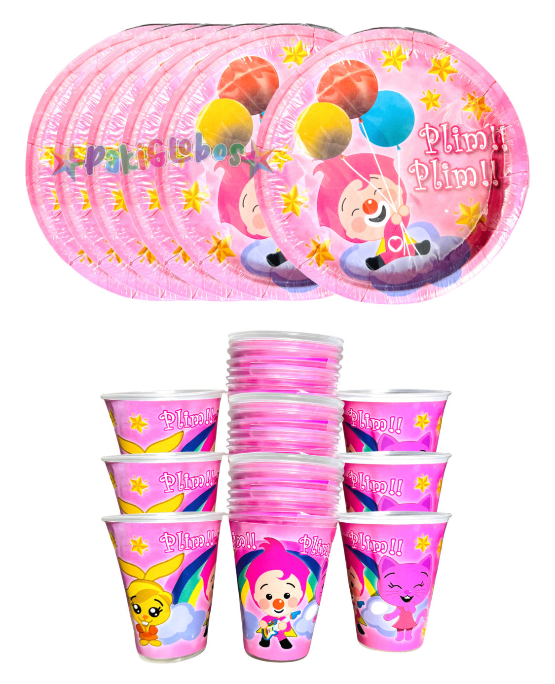 40 Guests Invitados Party Kit Vasos y Platos Payasito Rosa