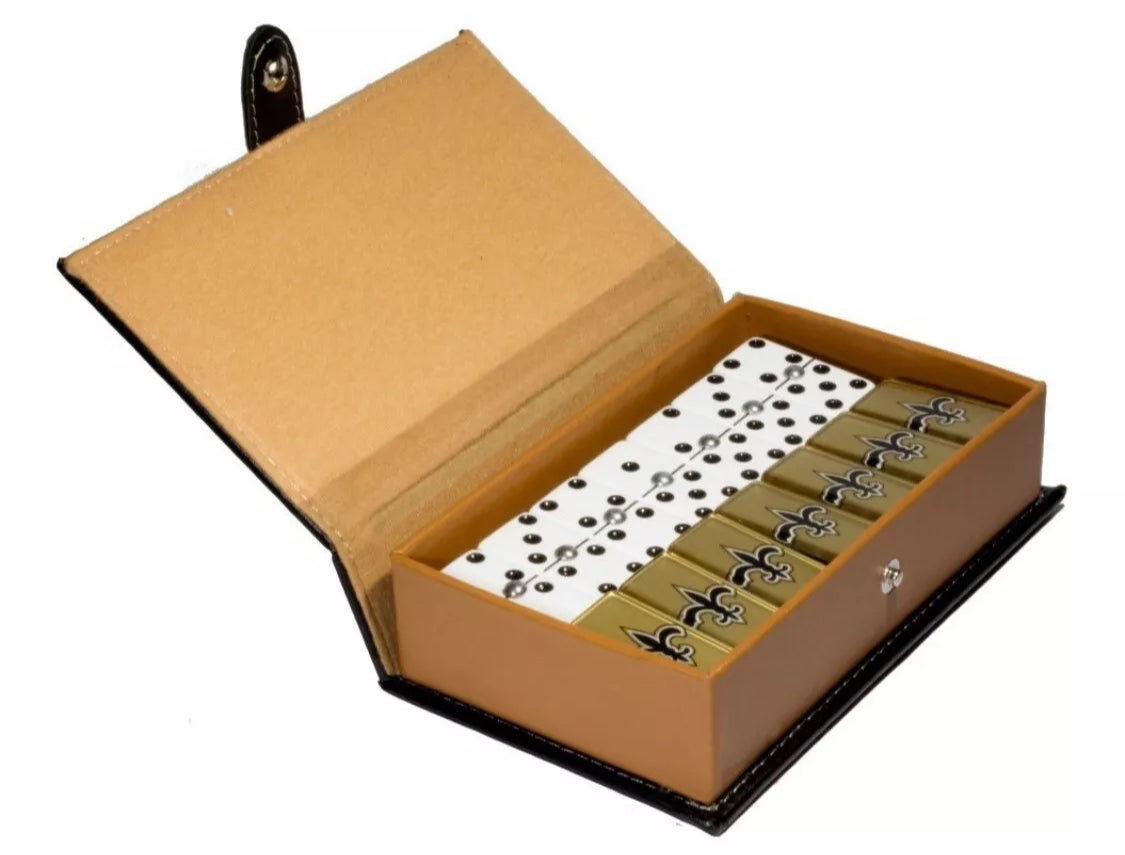 Dominoes Set + Cubilete New Orleans Saints in Faux Leather Box. Dice Set