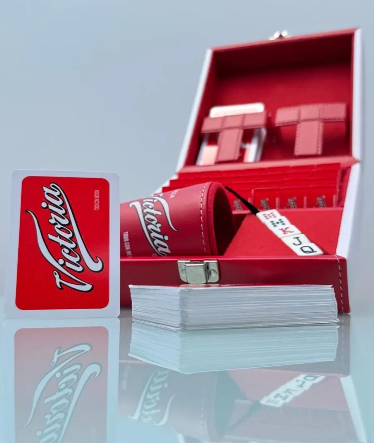 Cerveza Victoria Dominoes Casino Set Faux Leather Case Cubilete Dice Set Poker Cards Domino