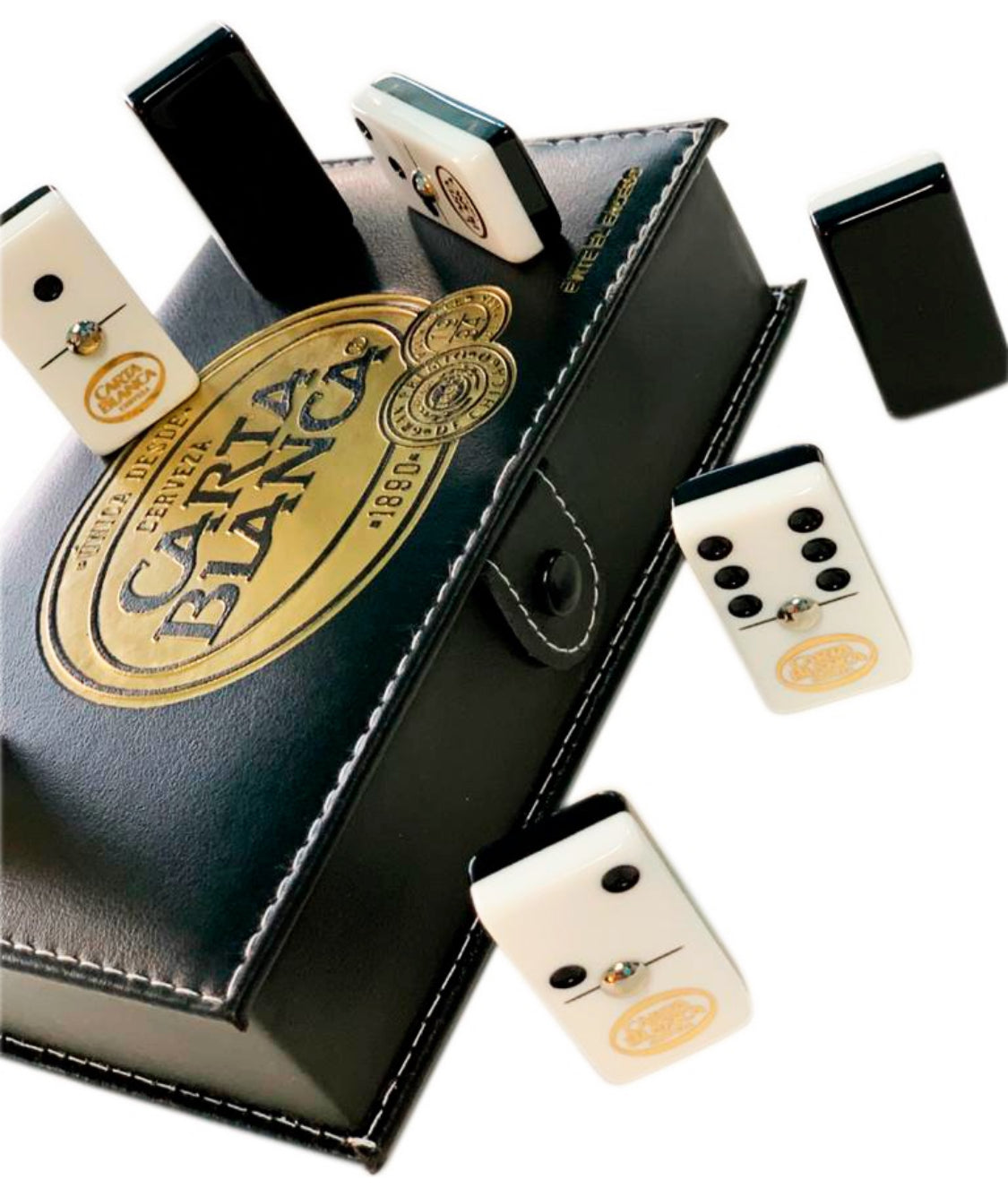 Dominoes Set Cerveza Tecate + Carta Blanca in Faux Leather Case Domino + Cubilete Dice Set