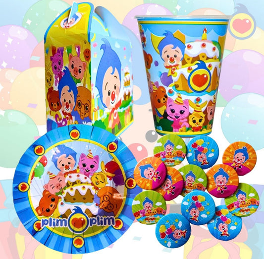 20 Guests Invitados Party Kit 80 Pcs. Vasos, Platos Dulceros y Broches Payasito
