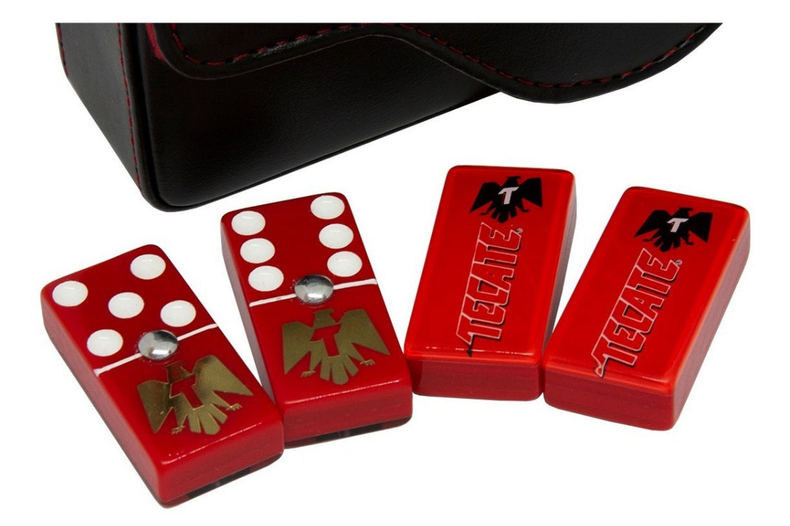 Dominoes Set Cerveza Tecate in Faux Leather Case Domino Black And Red
