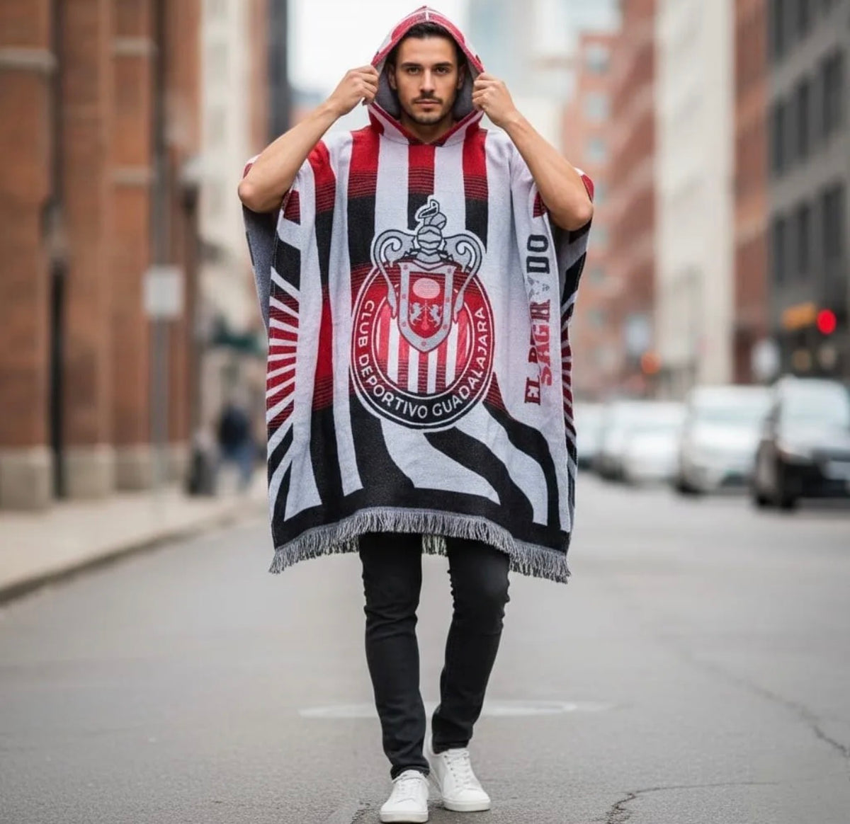 Chivas Guadalajara Jorongo Sarape Hoodie Artesanal Mexican Poncho White