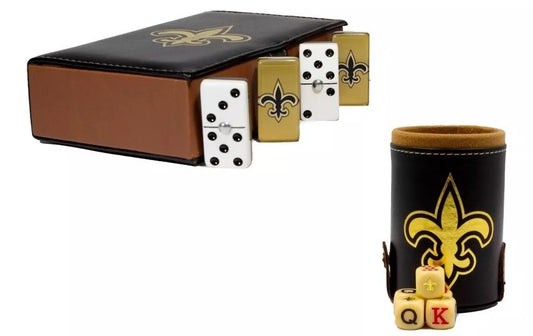 Dominoes Set + Cubilete New Orleans Saints in Faux Leather Box. Dice Set