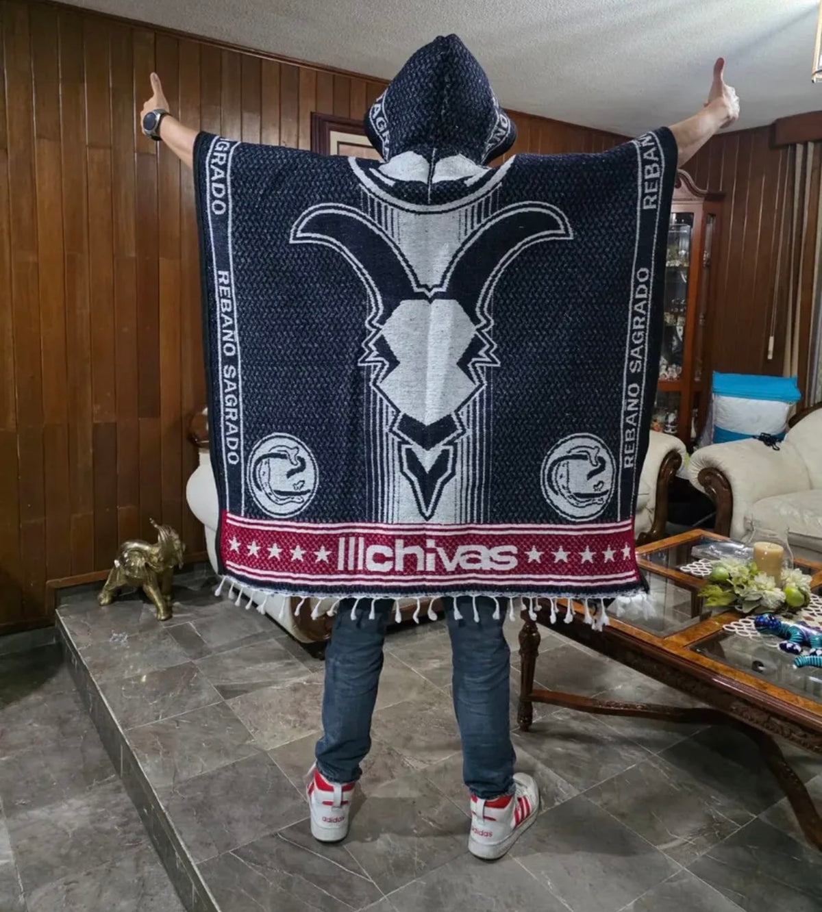 Chivas Guadalajara Jorongo Sarape Hoodie Artesanal Mexican Poncho Blue