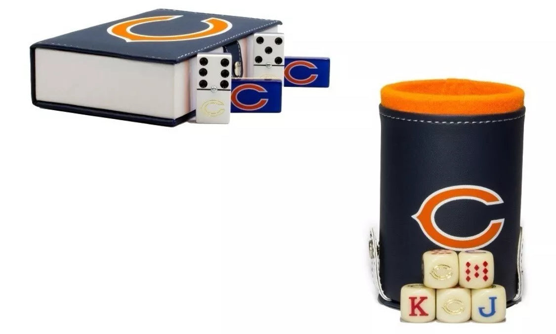 Dominoes Set + Cubilete Chicago Bears with Faux Leather Case Domino. Dice Set.