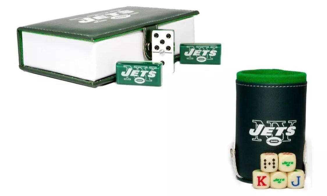 Dominoes Set + Cubilete New York Jets in Faux Leather Box. Dice set
