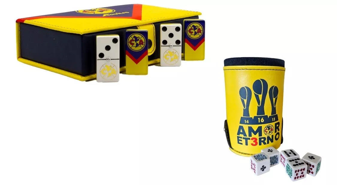 Dominoes Casino Set Aguilas Del America: Domino + Cubilete In Faux Leather Case