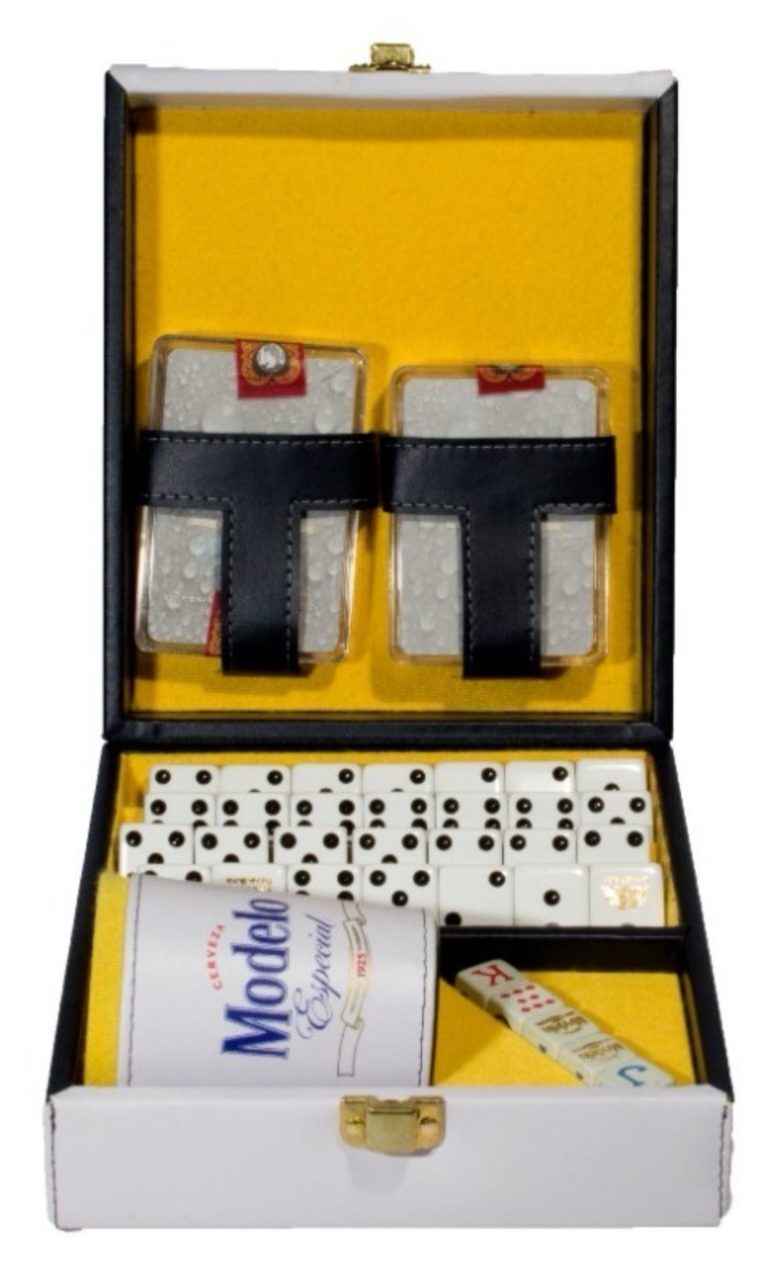 Dominoes Casino Cerveza Modelo Especial Dominoes Set, Cubilete, 2 Barajas/Cards