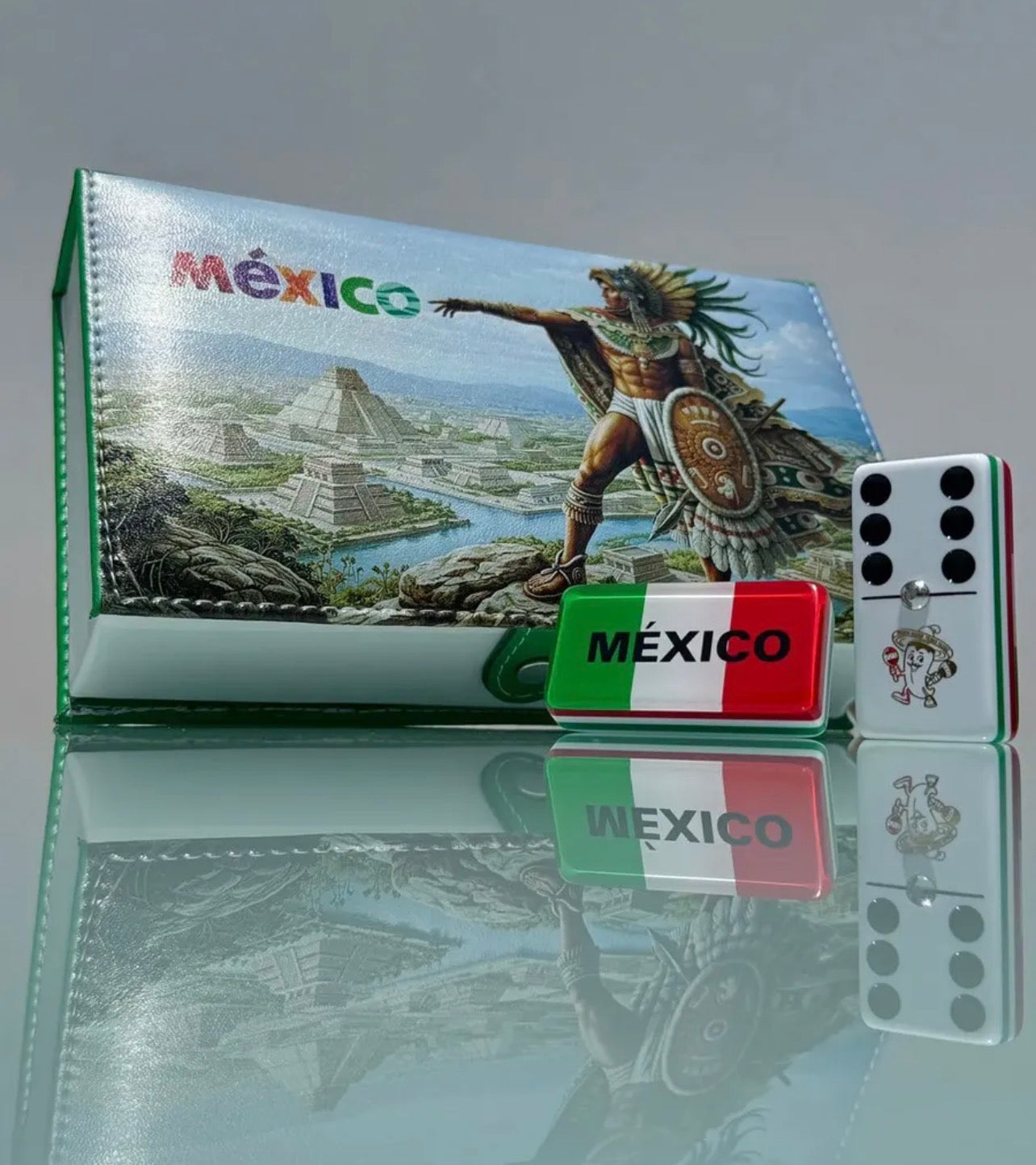 Mexico Premium Jumbo Dominoes Set in Faux Leather Case Domino Azteca