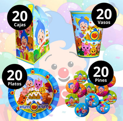 20 Guests Invitados Party Kit 80 Pcs. Vasos, Platos Dulceros y Broches Payasito