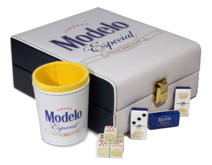 Dominoes Casino Cerveza Modelo Especial Dominoes Set, Cubilete, 2 Barajas/Cards