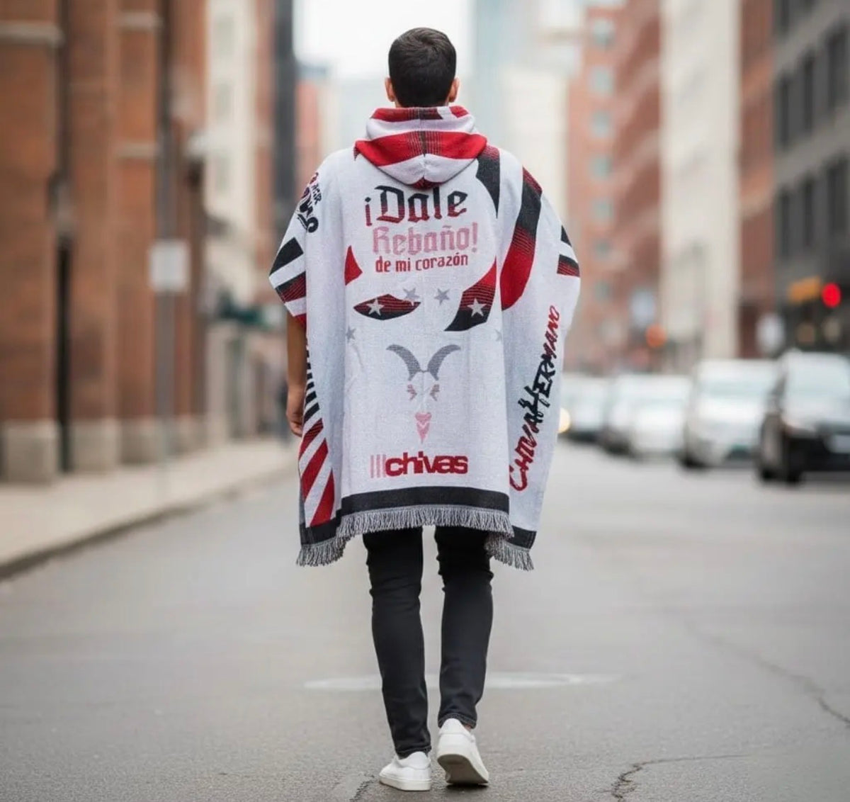 Chivas Guadalajara Jorongo Sarape Hoodie Artesanal Mexican Poncho White