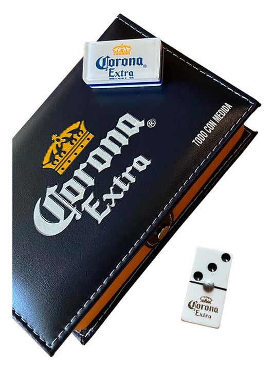 Dominoes Set Cerveza Corona in Blue Faux Leather Box Domino