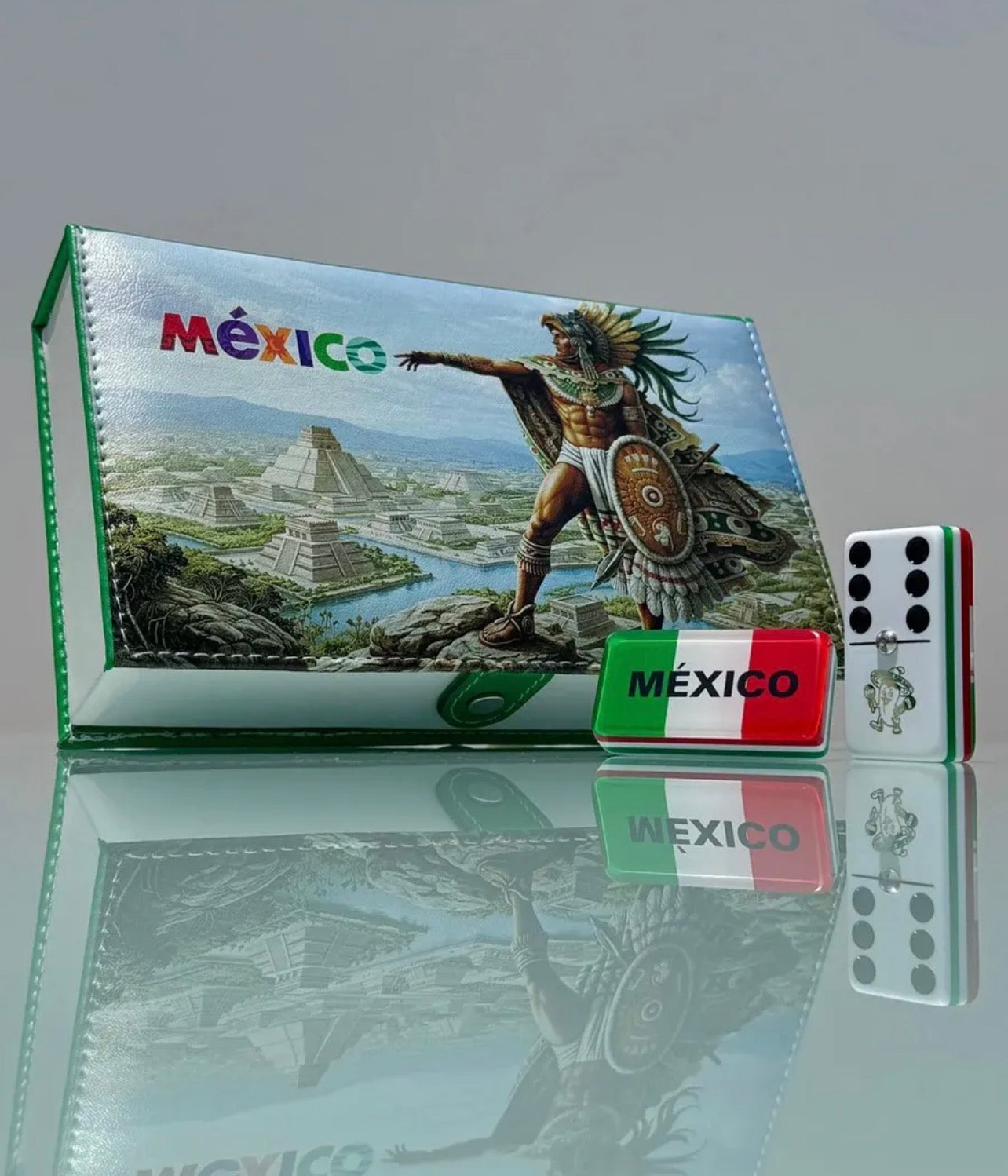 Mexico Premium Jumbo Dominoes Set in Faux Leather Case Domino Azteca