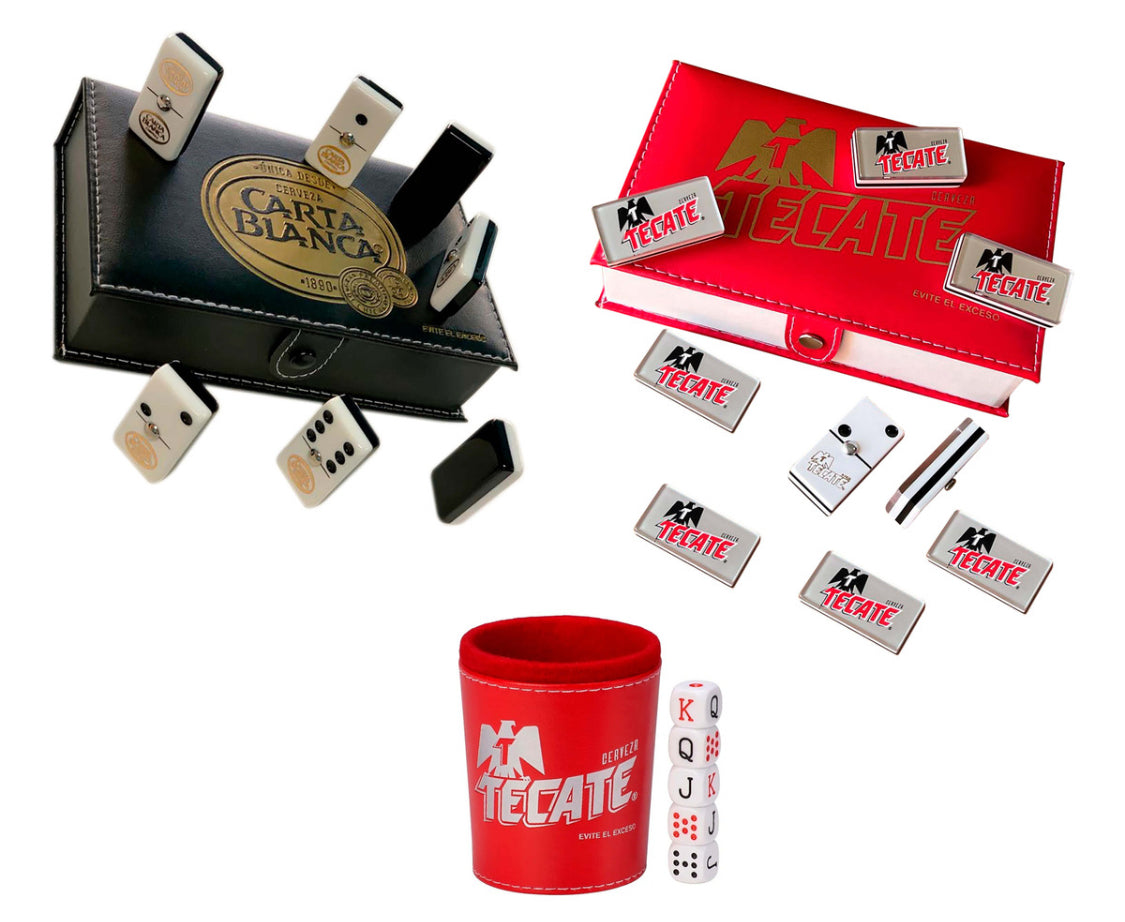 Dominoes Set Cerveza Tecate + Carta Blanca in Faux Leather Case Domino + Cubilete Dice Set