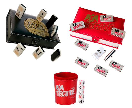 Dominoes Set Cerveza Tecate + Carta Blanca in Faux Leather Case Domino + Cubilete Dice Set