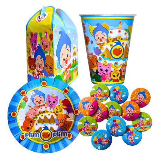 20 Guests Invitados Party Kit 80 Pcs. Vasos, Platos Dulceros y Broches Payasito